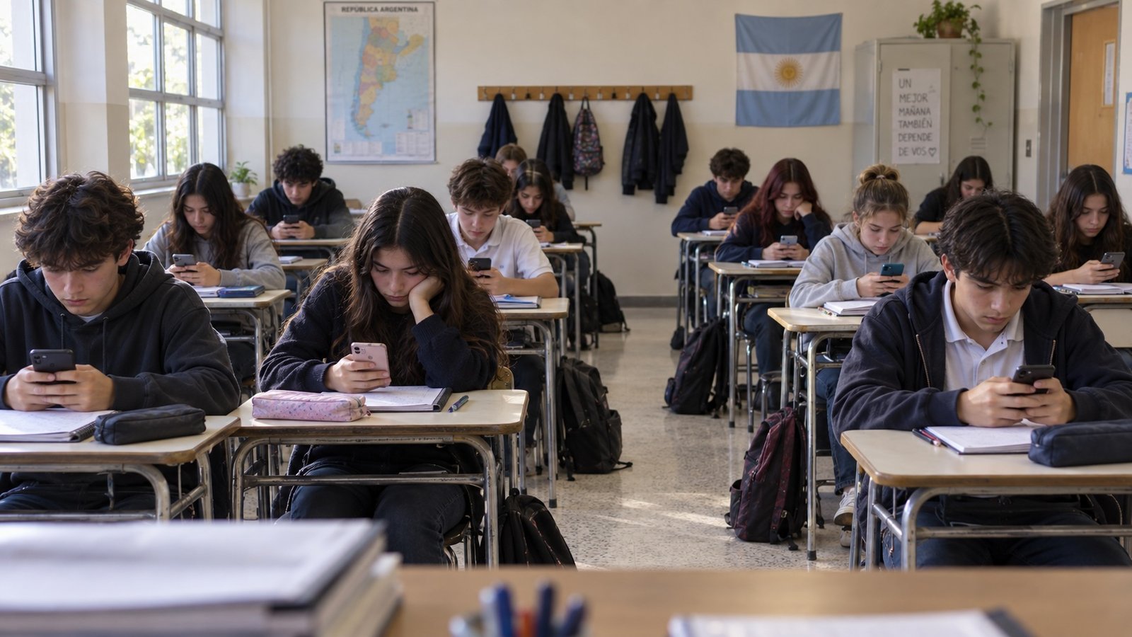 Estudiantes en un aula mirando sus celulares